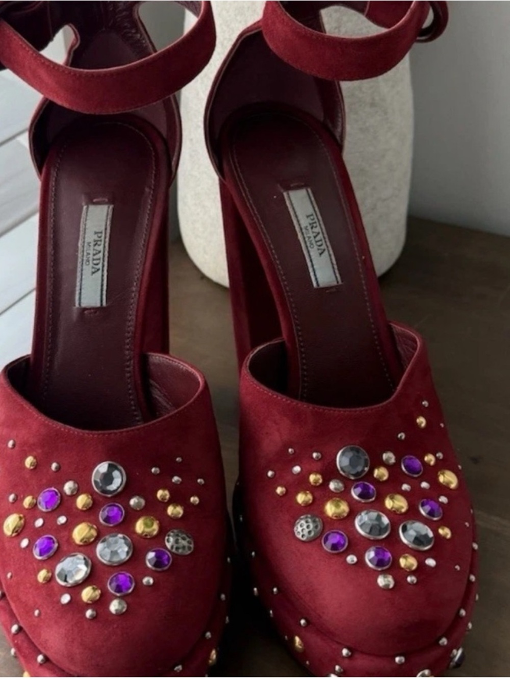 Prada Burgundy Suede Gem-Embellished Mules